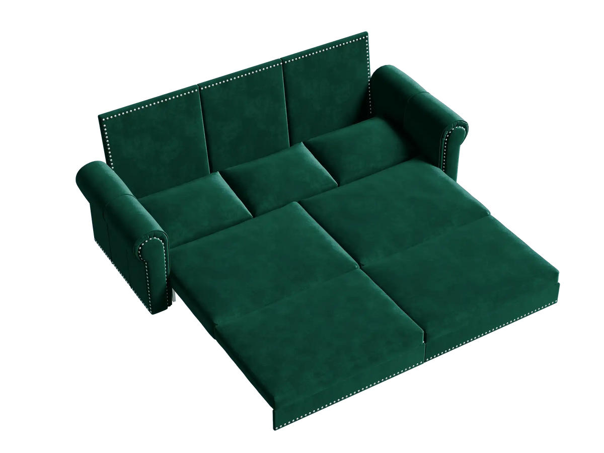 King Sleeper Sofa Bed 94", 3-in-1 Convertible in Velvet with Nailhead Trim - Green
