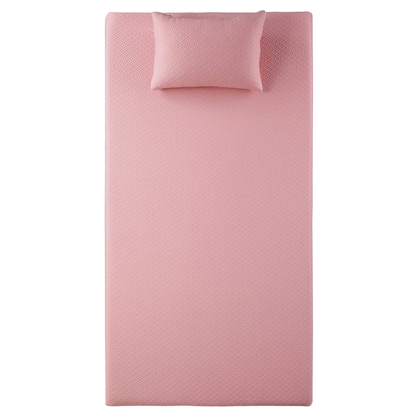 Pink textured mattress with matching pillow on white background