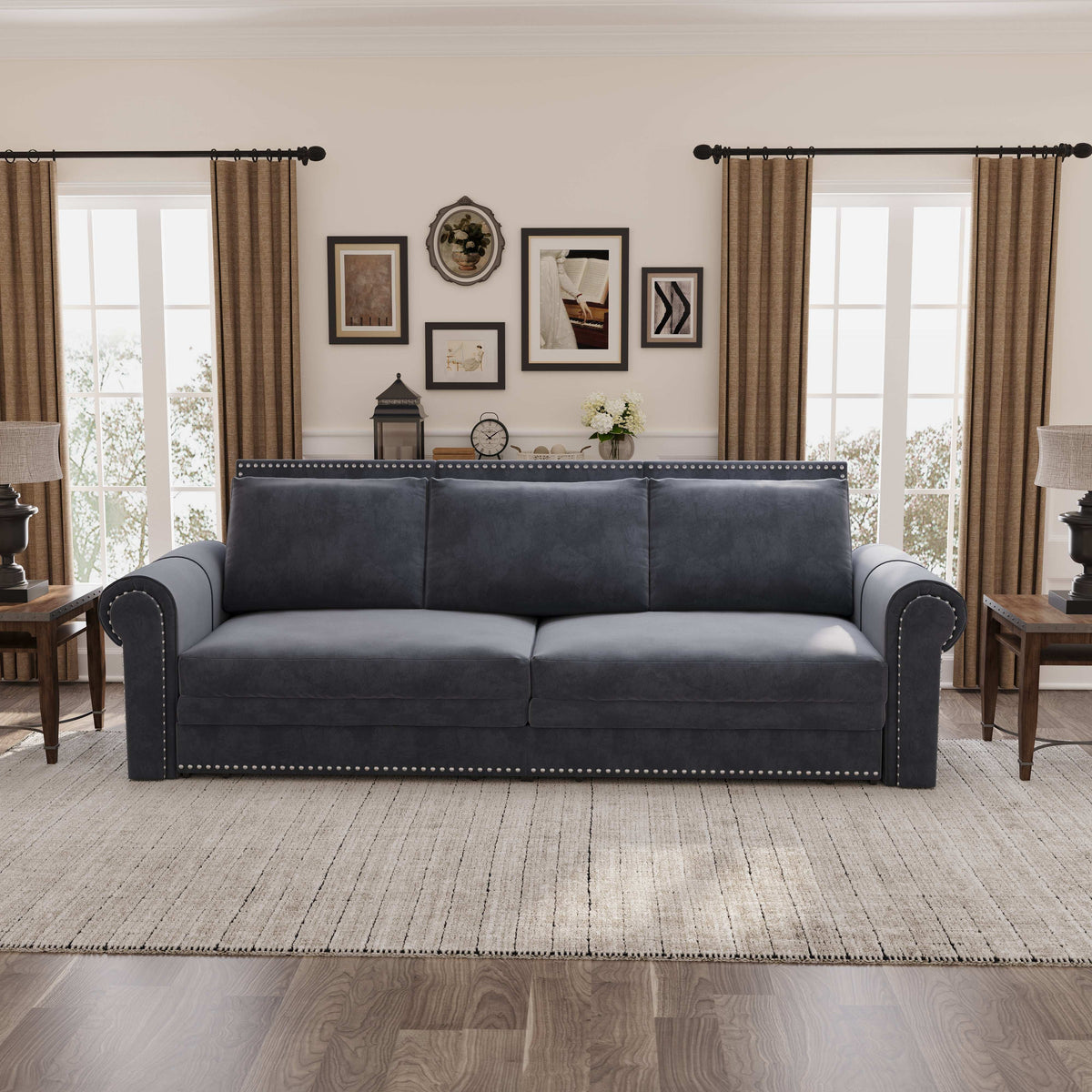 King Sleeper Sofa Bed 94", 3-in-1 Convertible in Velvet with Nailhead Trim
