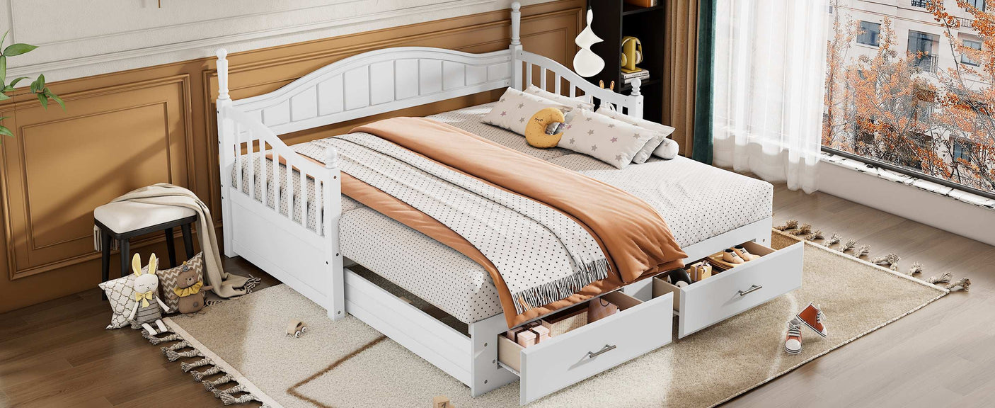 Twin Daybed, Extends to King Size, Trundle with Two Drawers, White
