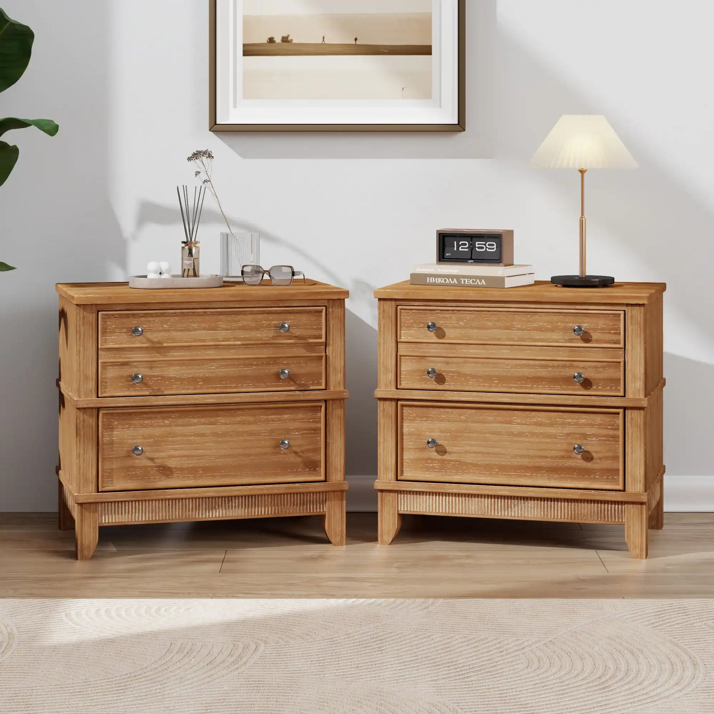 Nightstand Set of 2, Hazel 3-Drawers Storage, Side Tables, Natural