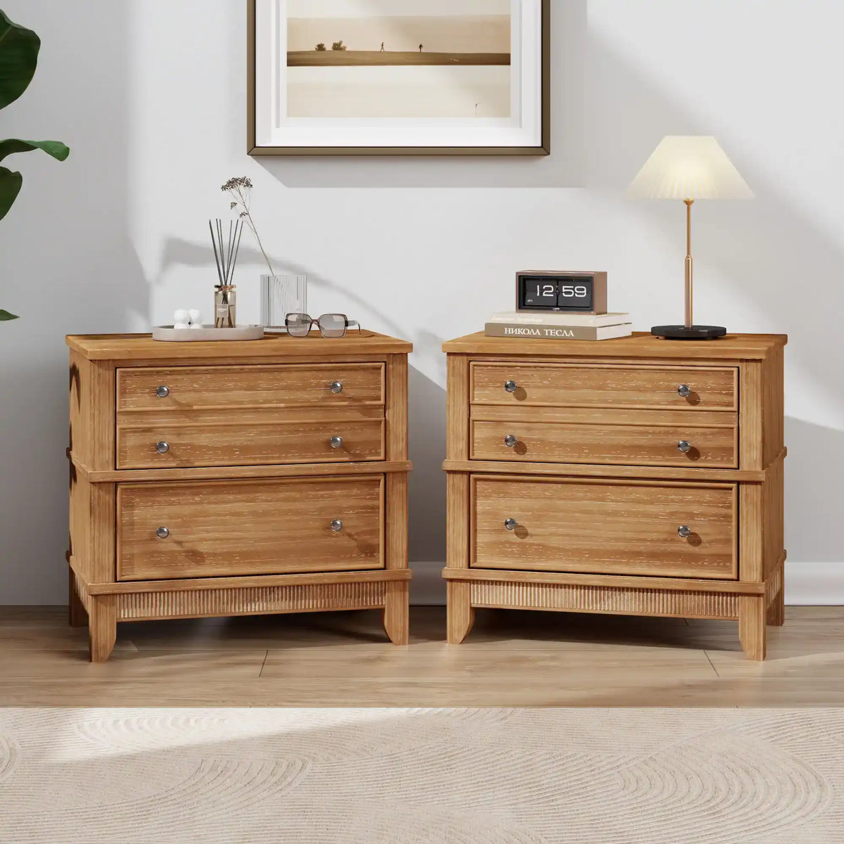 Nightstand Set of 2, Hazel 3-Drawers Storage, Side Tables, Natural