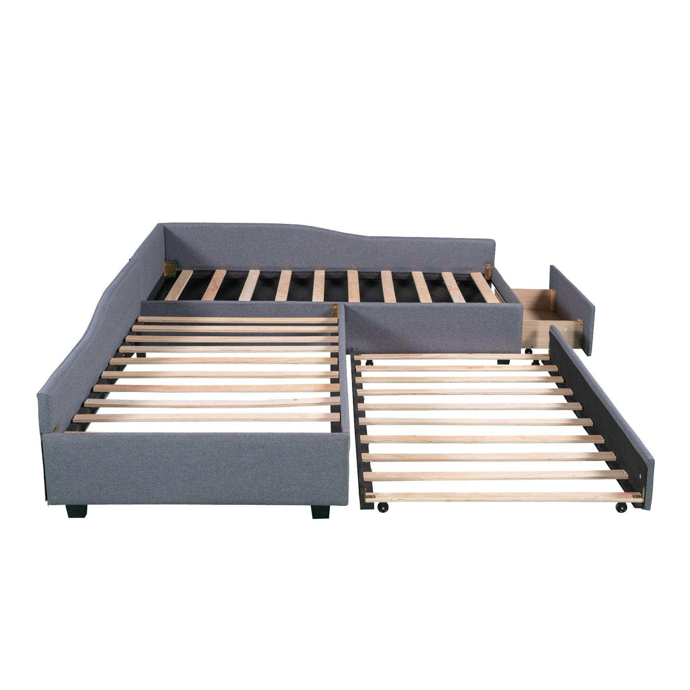 Double Twin Daybed with Trundle & Drawer, Upholstered Gray