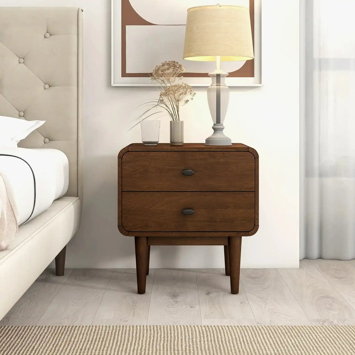 Felix Nightstand, 2 Drawers, Mid Century Modern Style, Brown