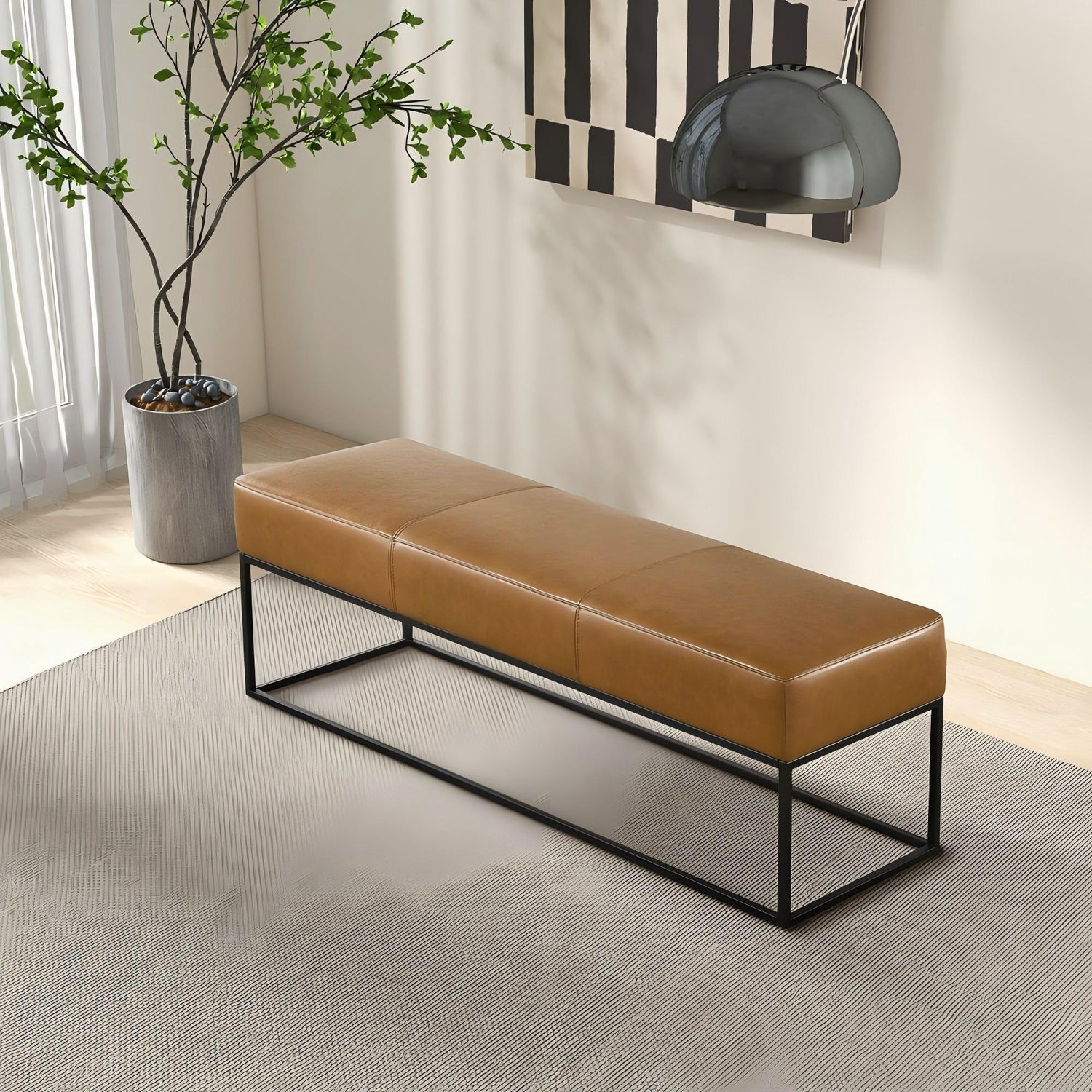 Odessa Tan Leather Bench with Black Metal Base