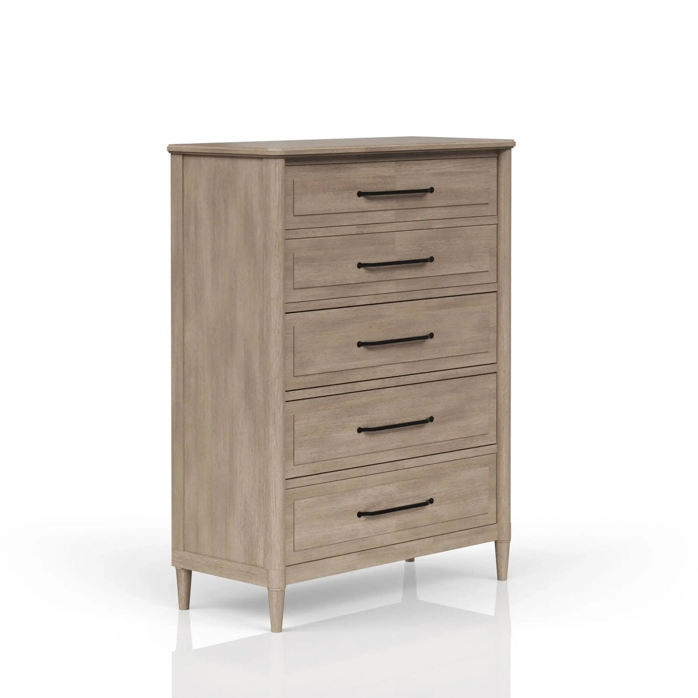 Light wood five-drawer dresser with black handles on a white background