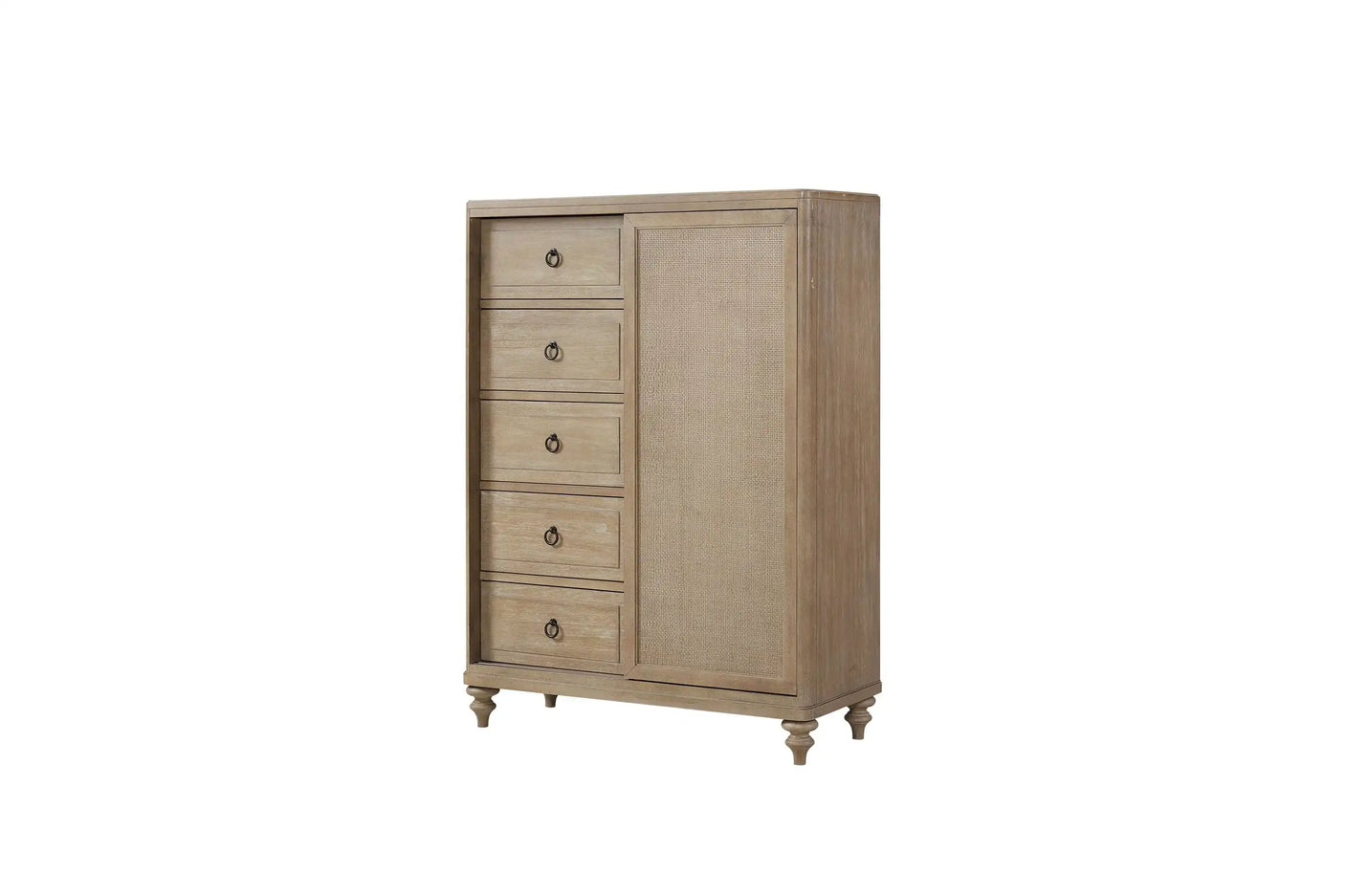 Light wood bedroom chest with five drawers and woven panel door, farmhouse style furniture