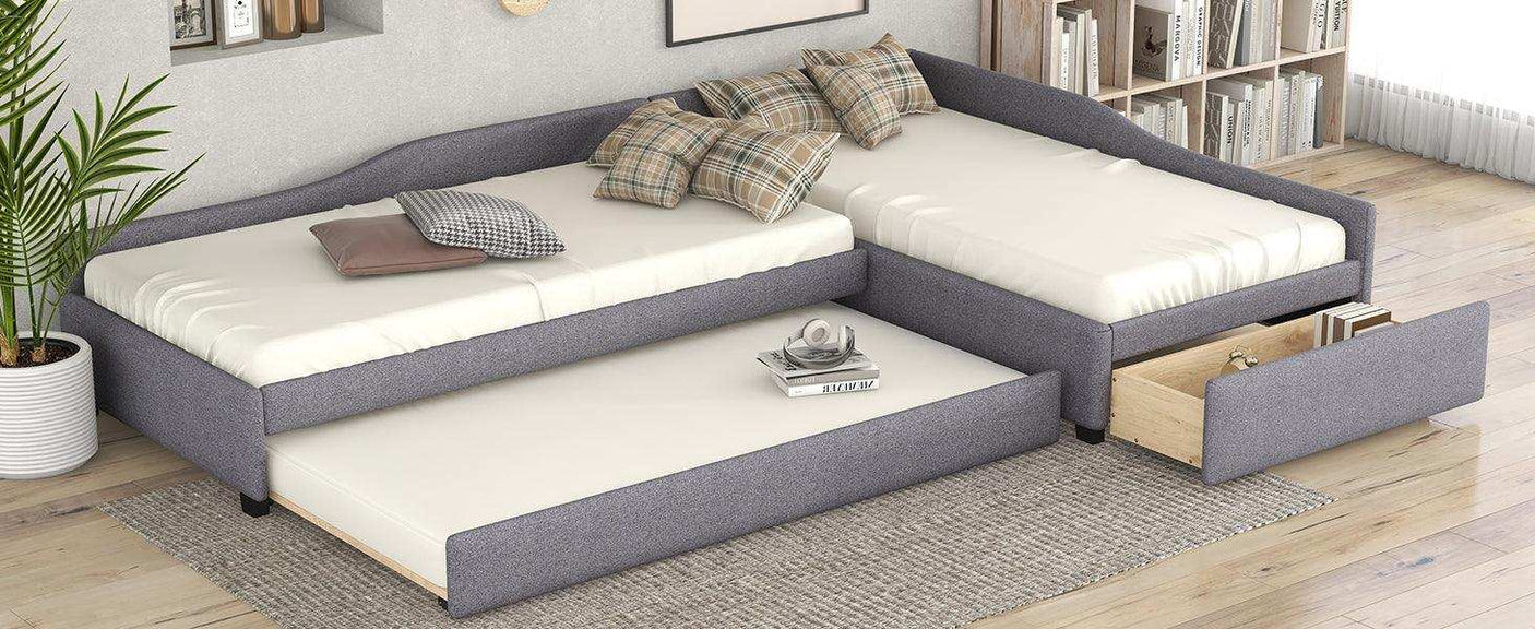 Double Twin Daybed with Trundle & Drawer, Upholstered Gray