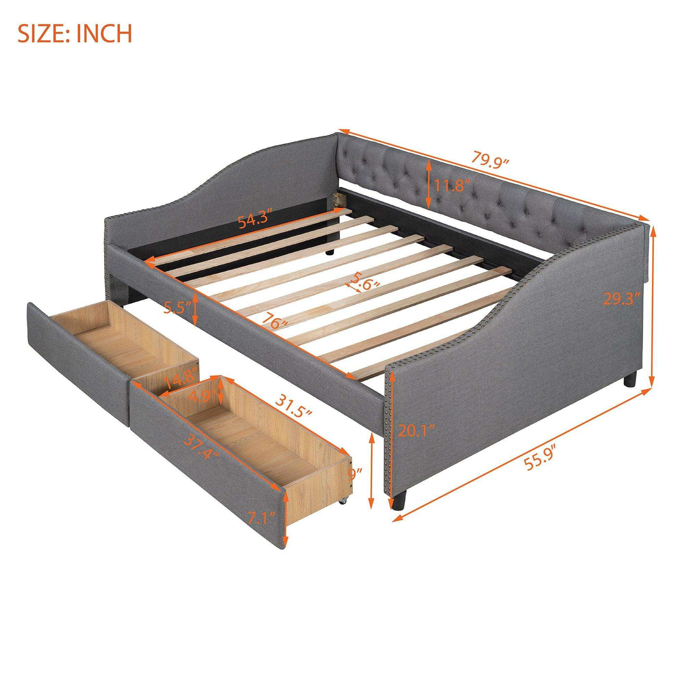 Full Daybed, Upholstered with Two Drawers, Gray