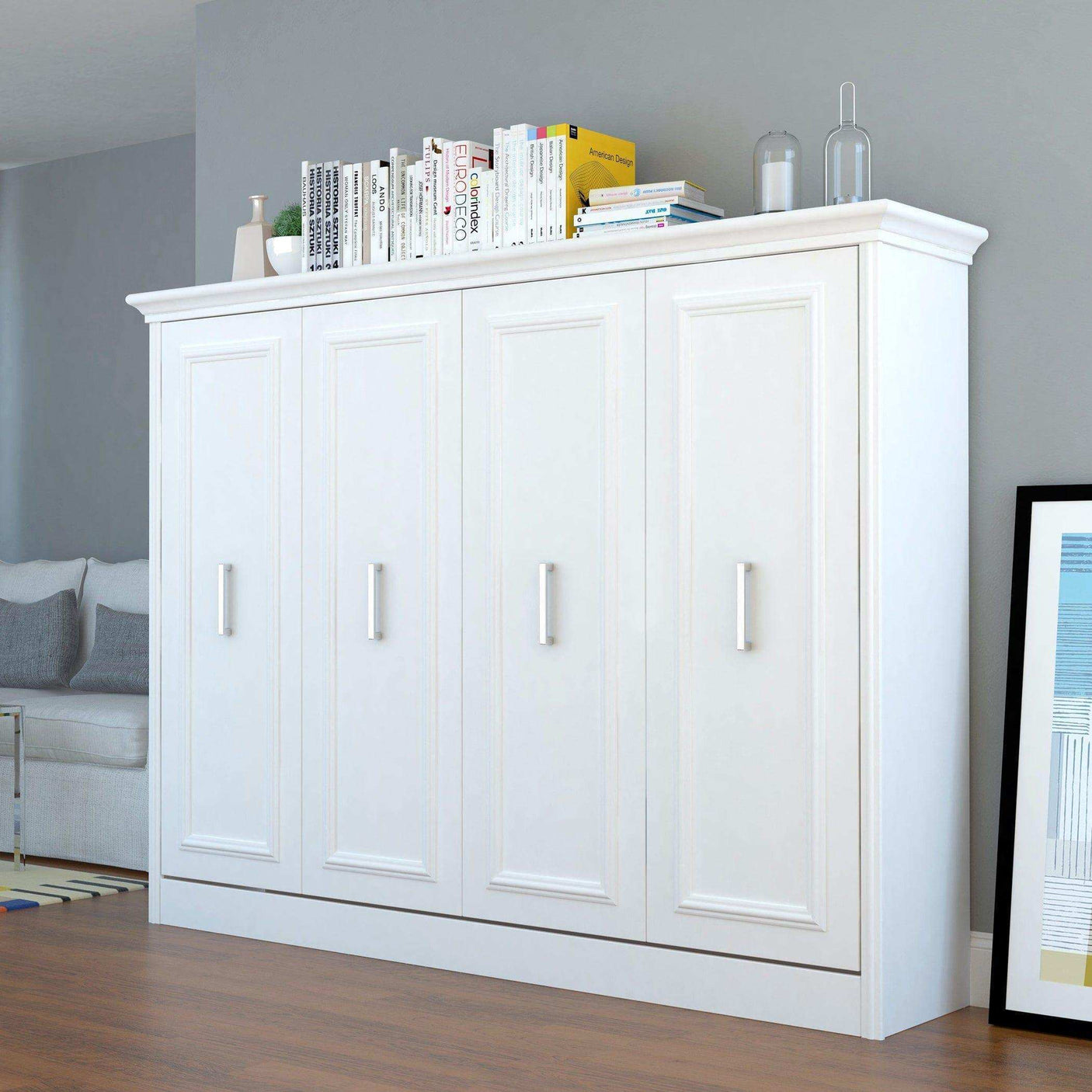 White Allegra horizontal Murphy bed closed in modern bedroom with books on top