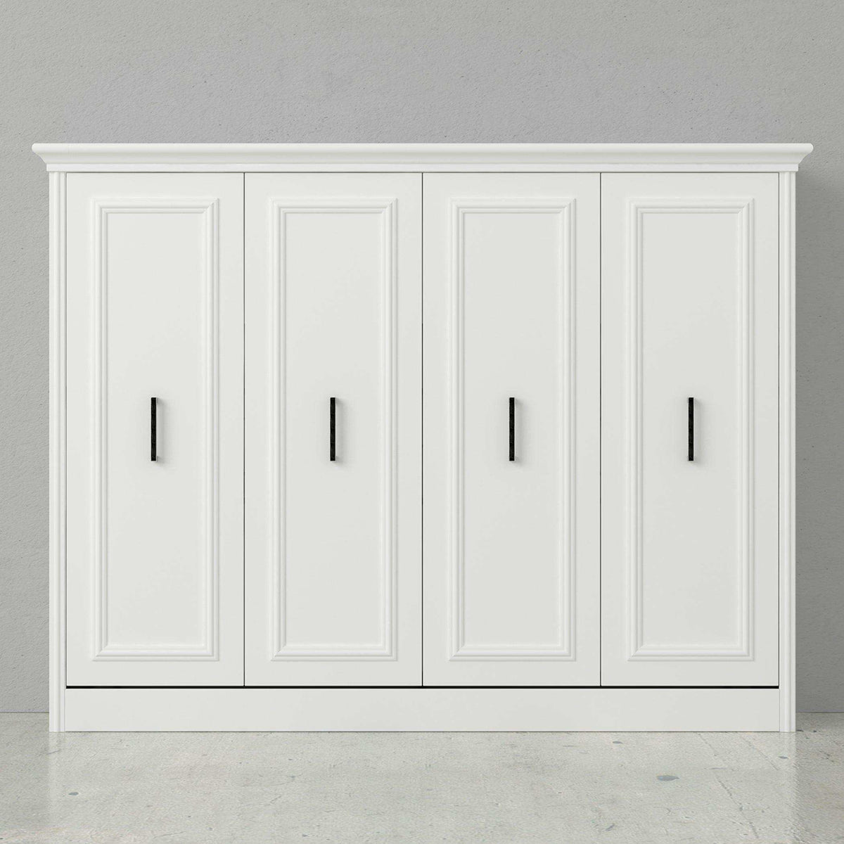 Modern white horizontal Murphy bed with four panels and black handles in minimalist room