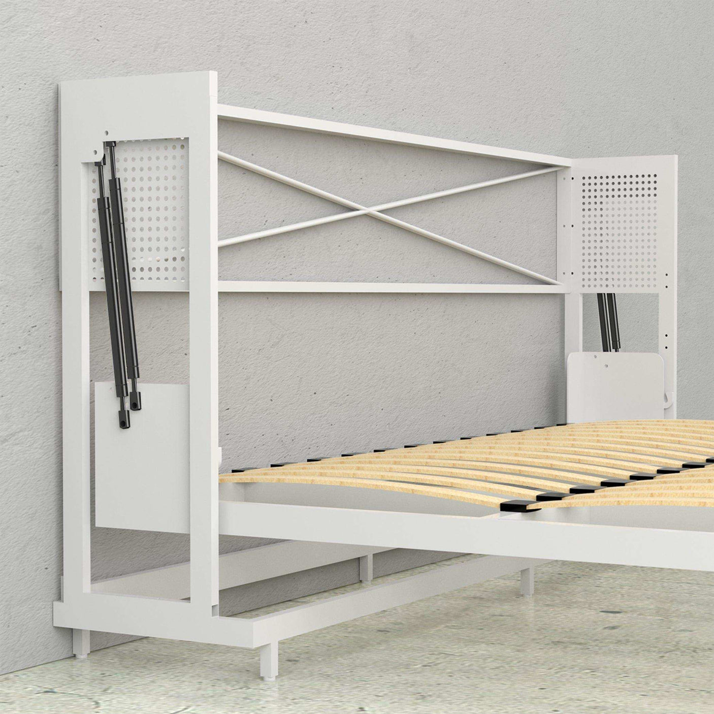 White Allegra horizontal Murphy bed frame with exposed slats in a modern bedroom
