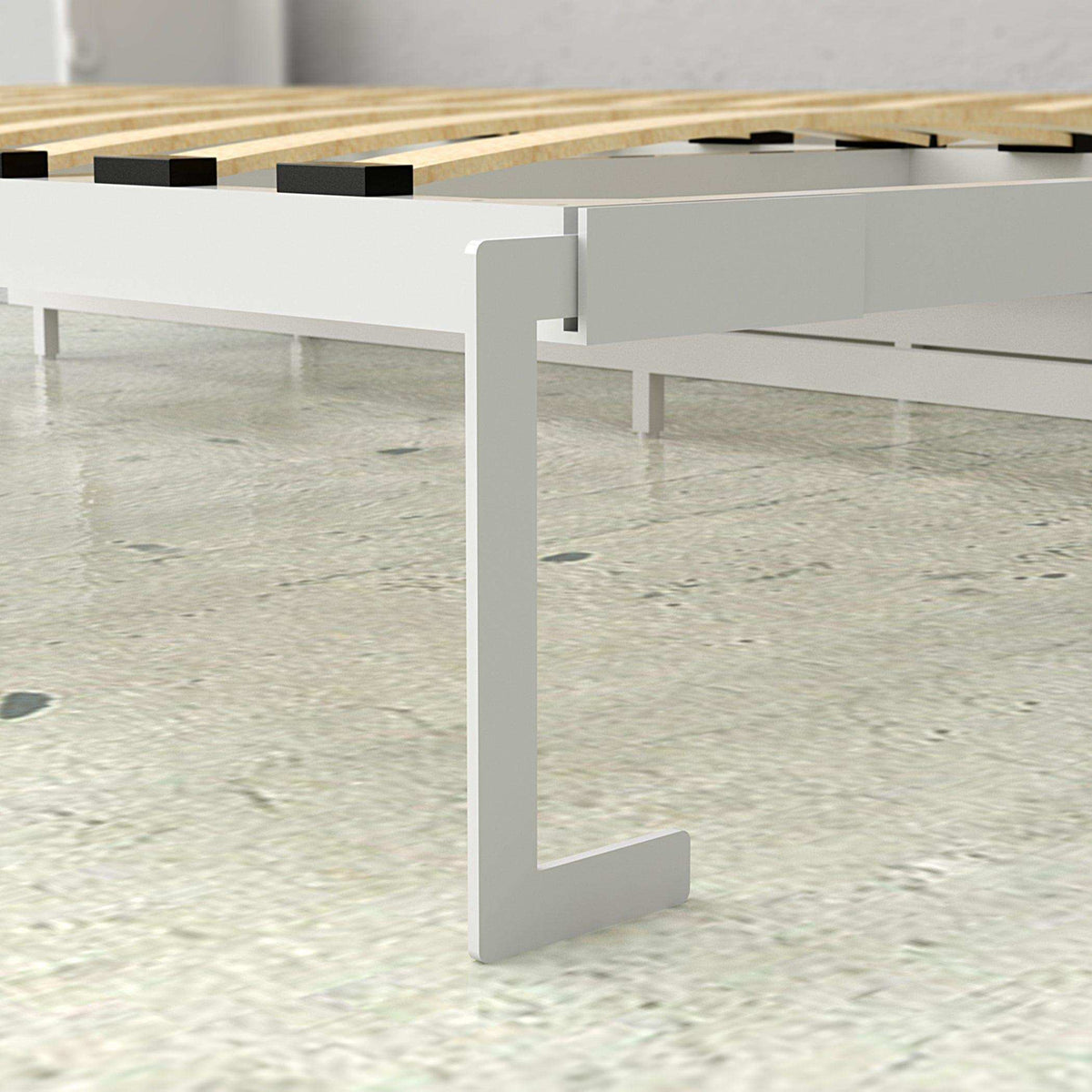 White horizontal Murphy bed frame with metal leg and wood slats on a tile floor