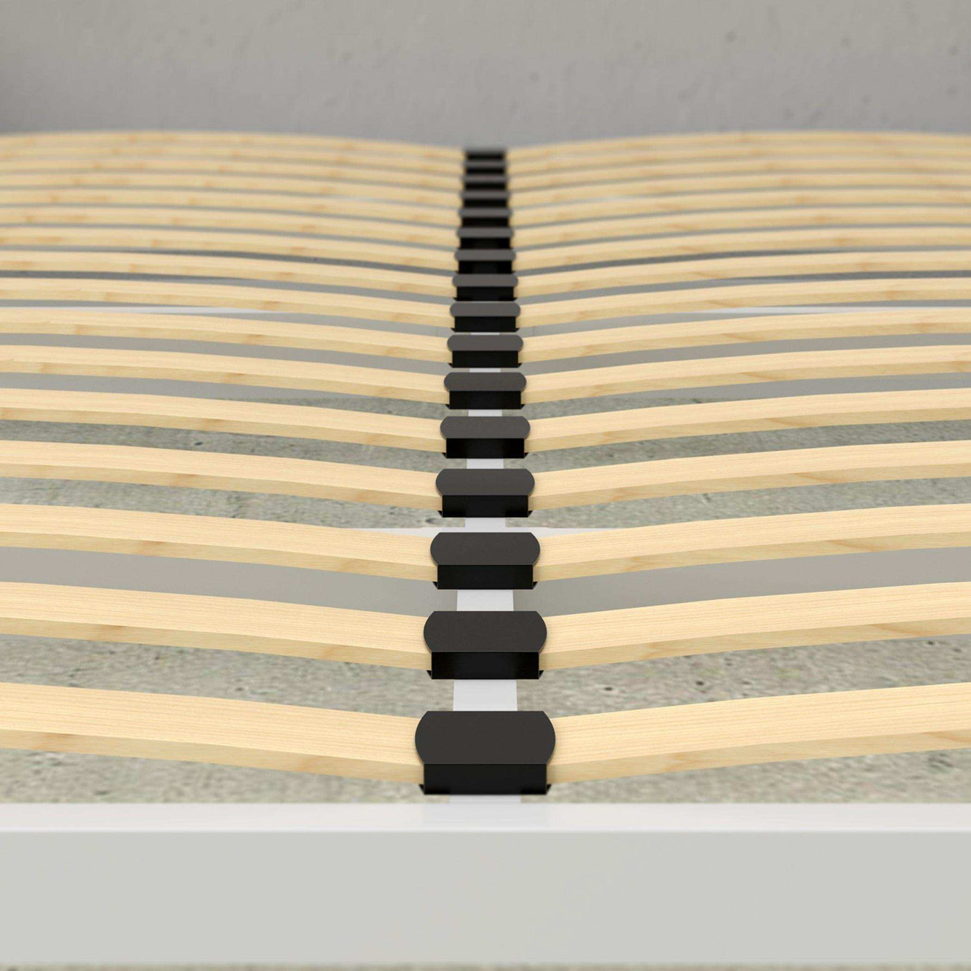 Close-up of horizontal Murphy bed slatted wooden frame with black connectors