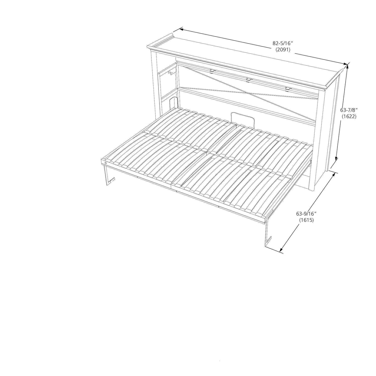 White horizontal Murphy bed frame with dimensions, slatted base, and modern design.