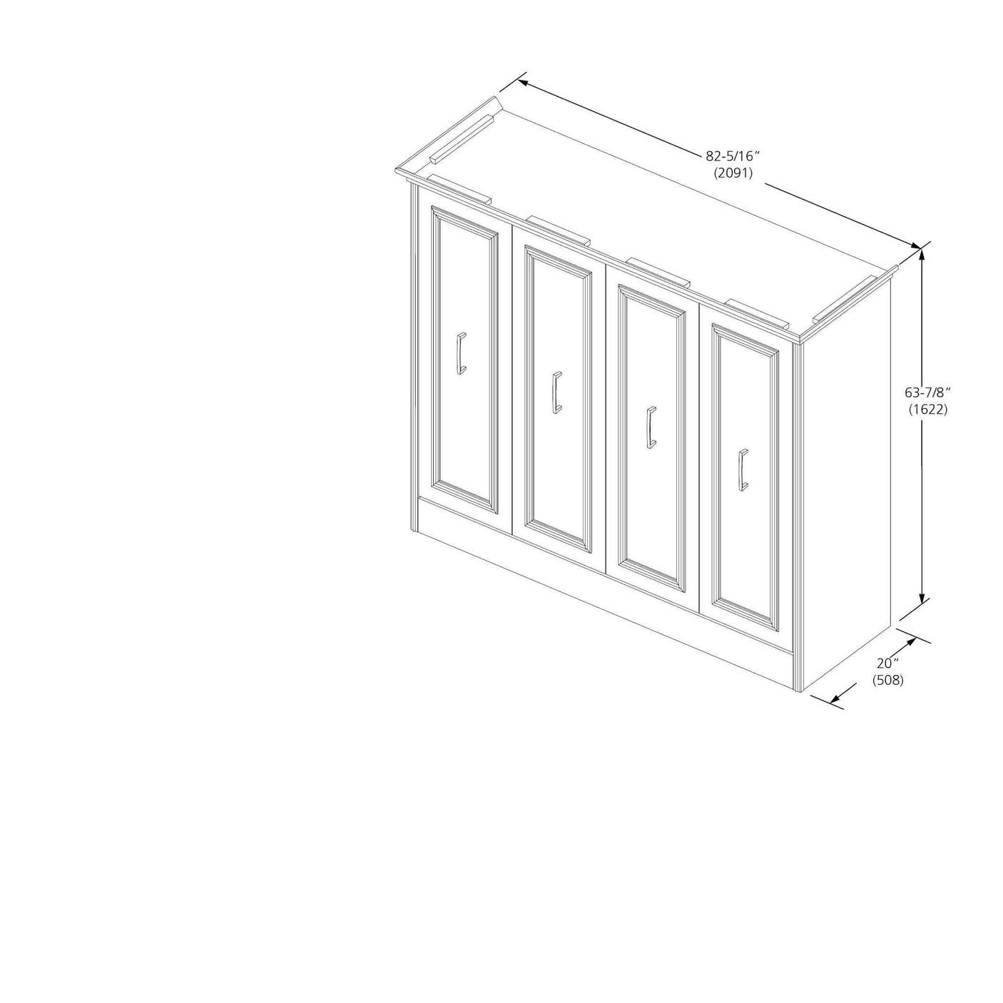 White Allegra horizontal Murphy bed closed, cabinet style, with dimensions labeled