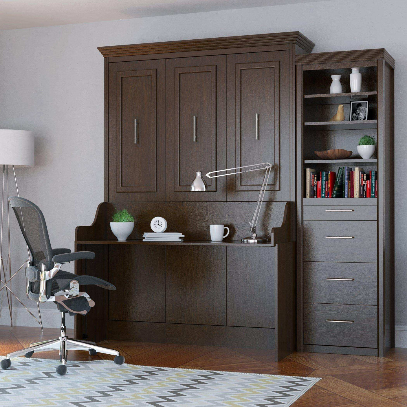 Modern walnut Murphy bed with desk, side tower and office chair in a home office setting.