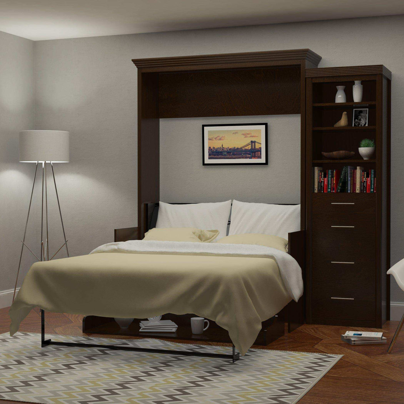 Vertical walnut Murphy bed with side tower and shelving in a modern bedroom
