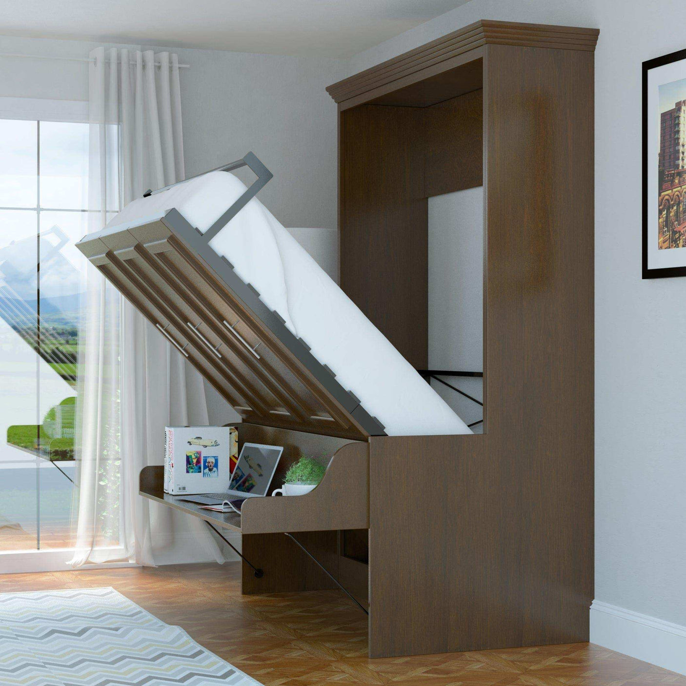 Walnut Murphy bed with fold-down desk and storage in a modern bedroom