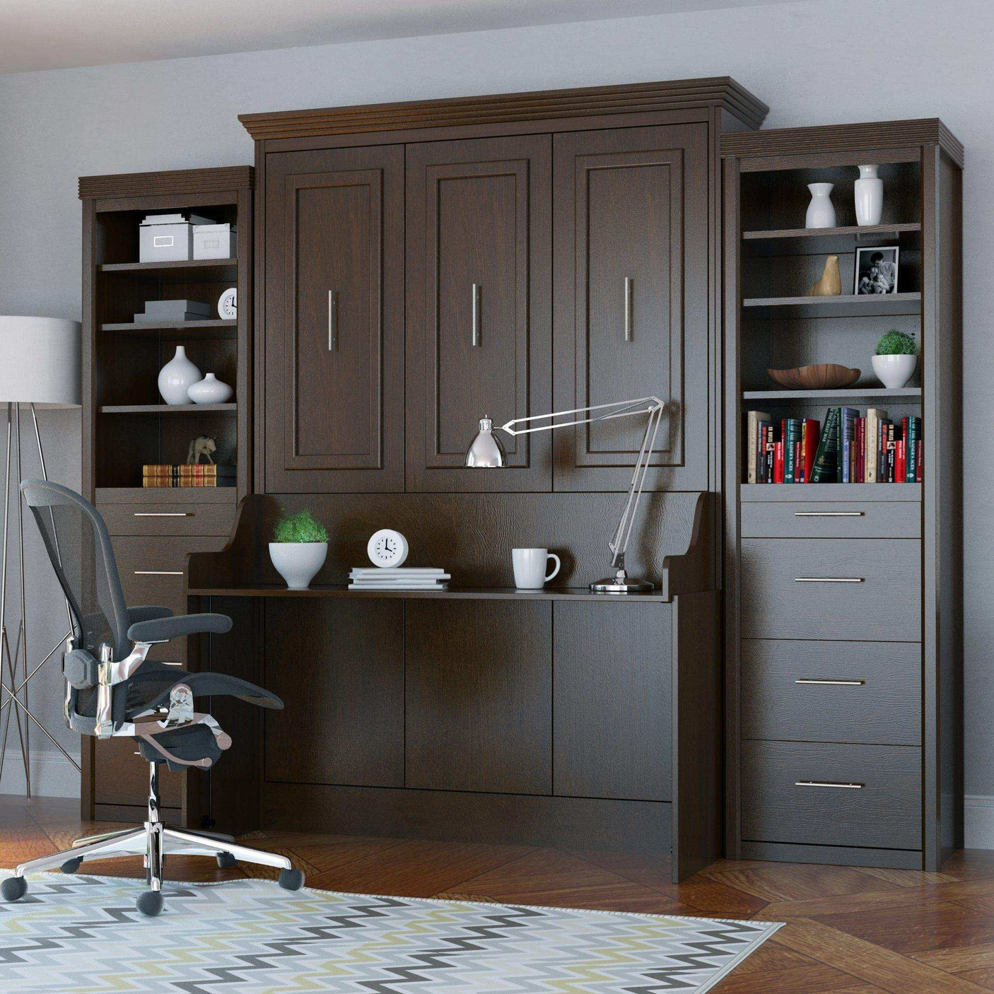 Modern walnut Murphy bed with desk, side towers, bookshelves, and office chair