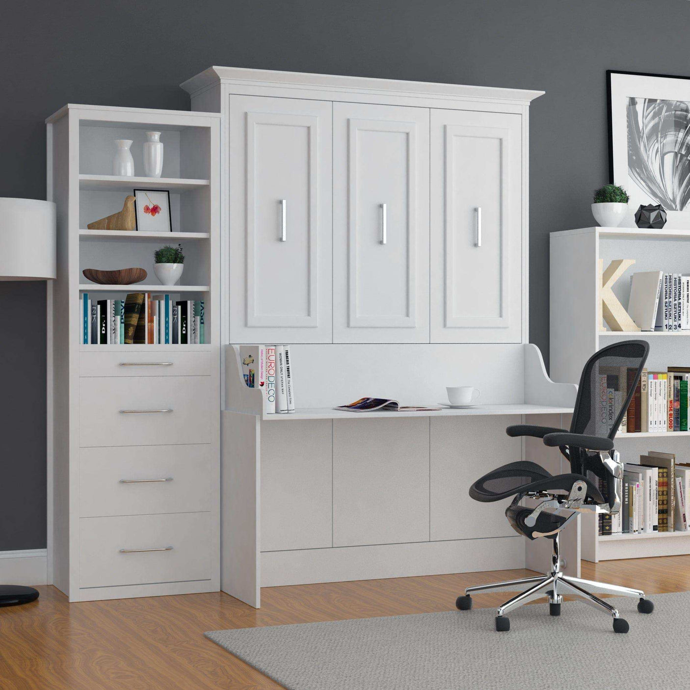 White vertical murphy bed with desk and side tower storage in modern home office