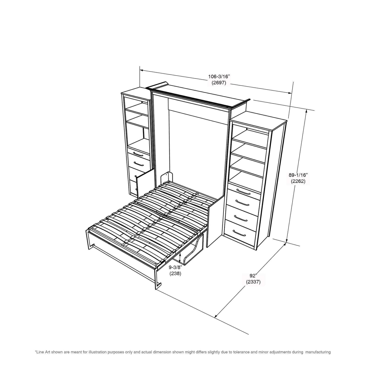 Allegra vertical white Murphy bed with desk and side tower storage dimensions diagram