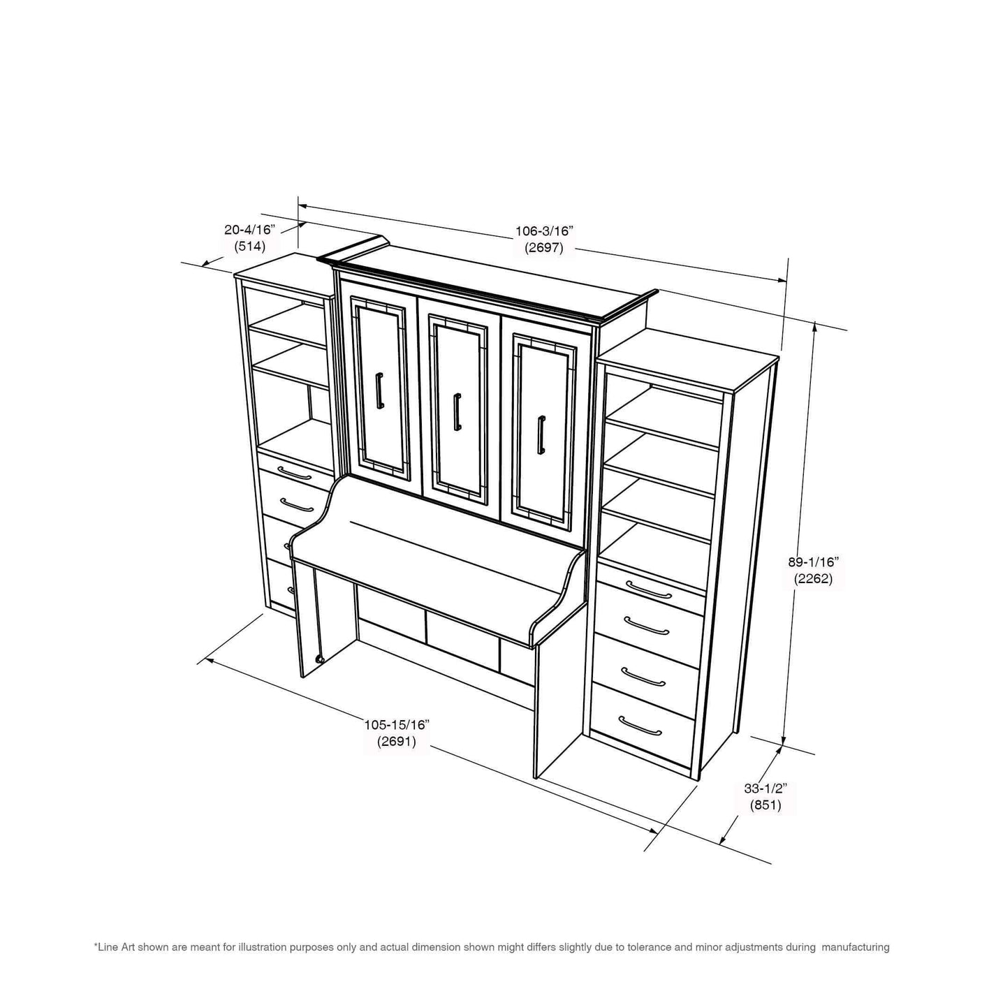 Murphy bed with desk and side tower storage, white Allegra vertical, dimension diagram