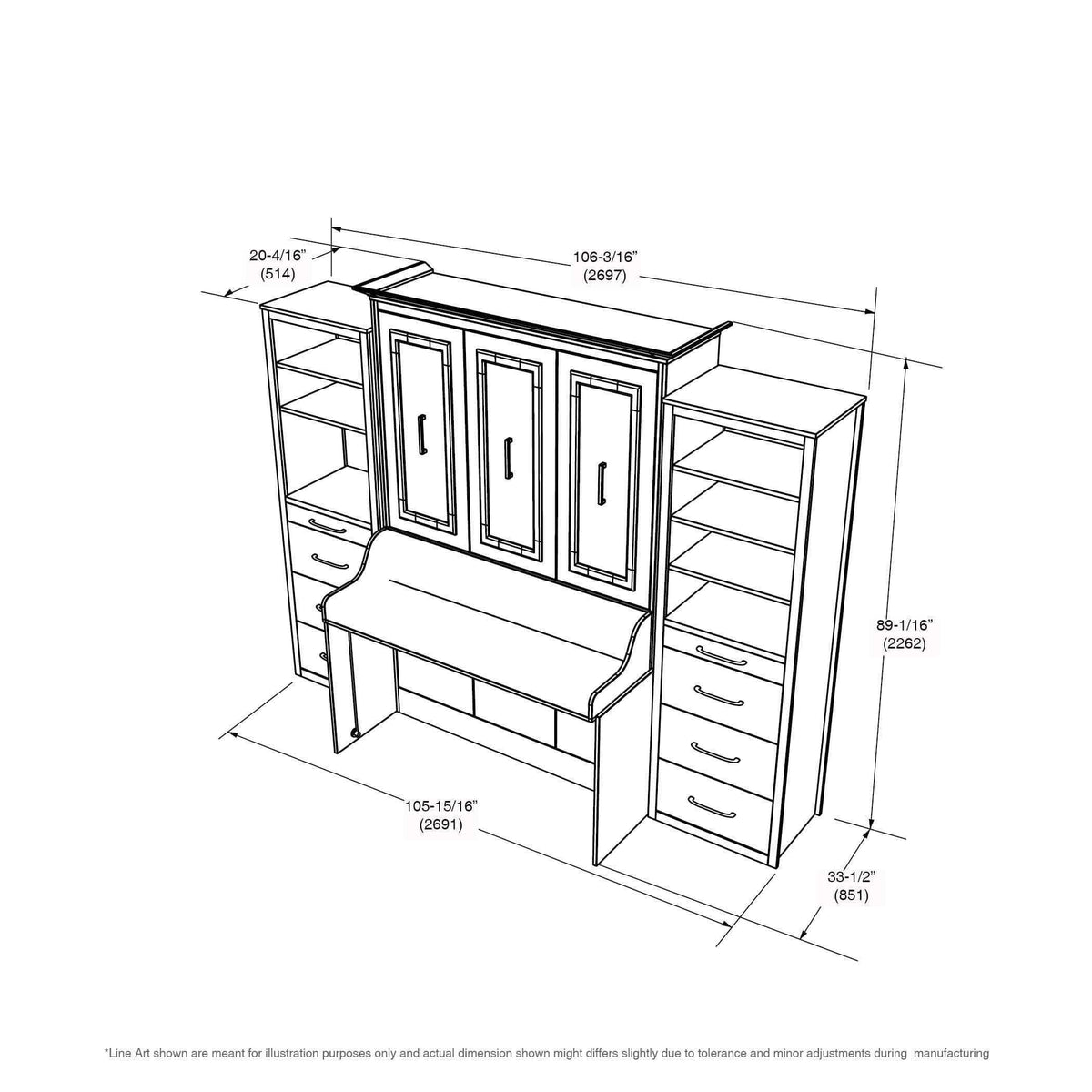 Murphy bed with desk and side tower storage, white Allegra vertical, dimension diagram