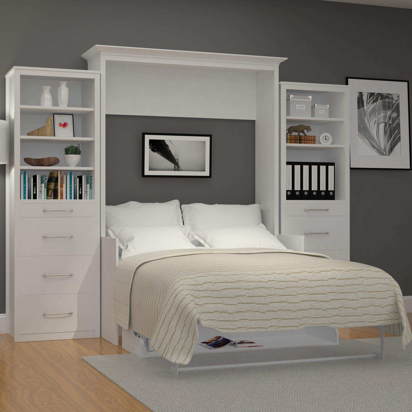 White vertical Murphy bed with side tower storage in a modern bedroom with grey walls