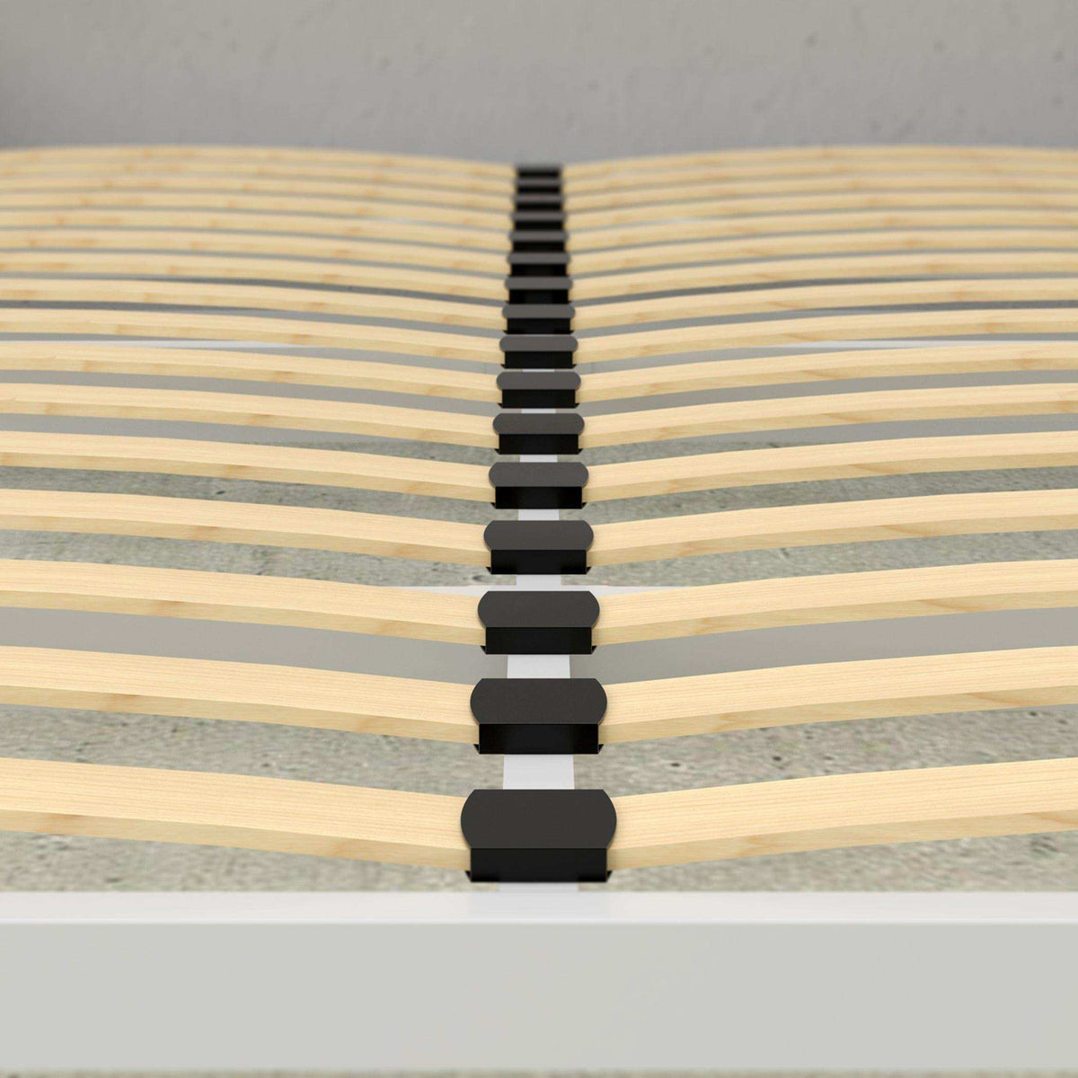 Close-up of wooden slats on Murphy bed frame with metal support, modern bedroom furniture