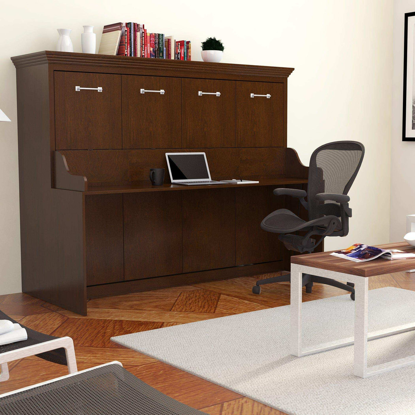 Walnut horizontal full murphy bed desk with laptop, chair, and shelving in modern room