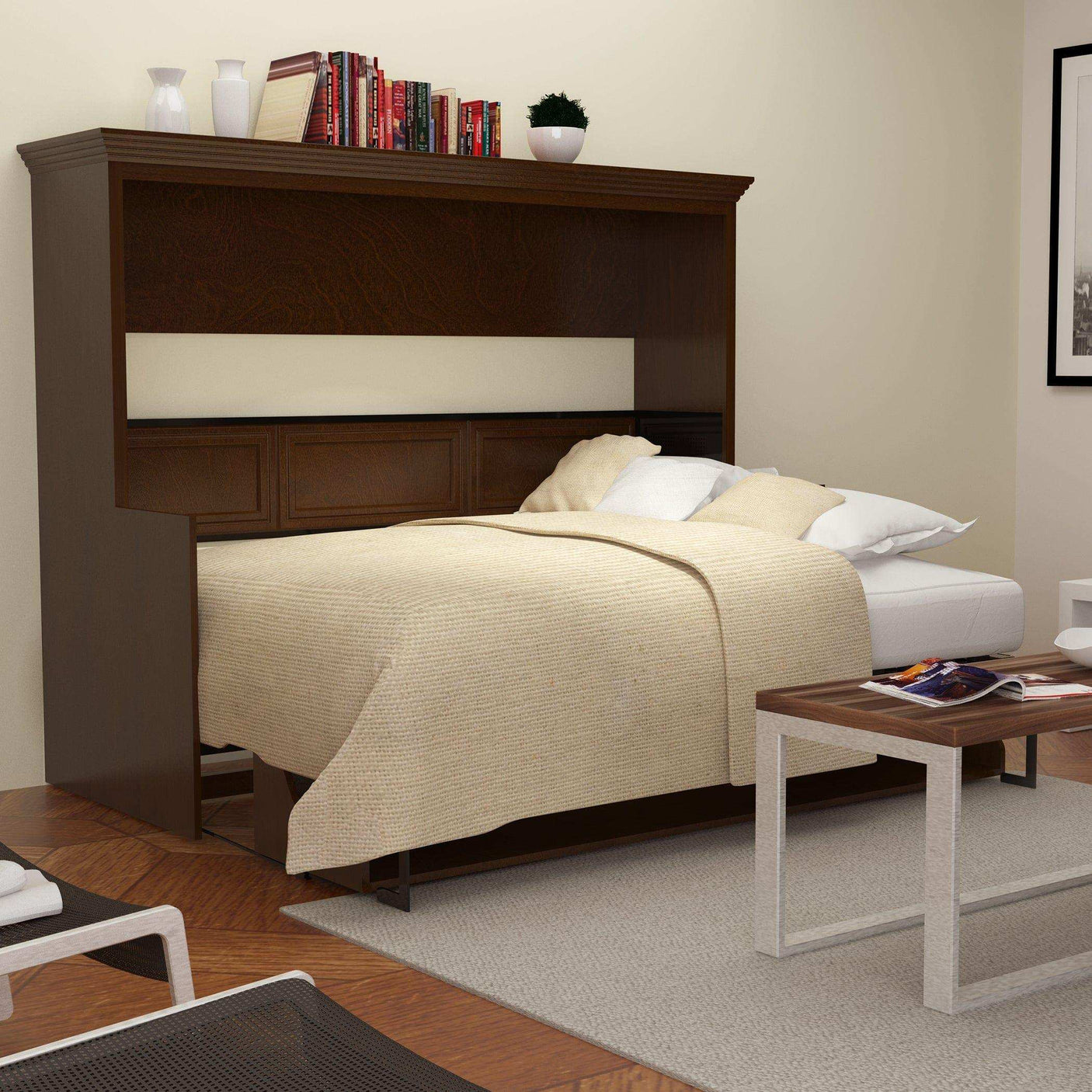 Horizontal walnut Murphy bed with headboard shelf, books, and decor in a modern bedroom.