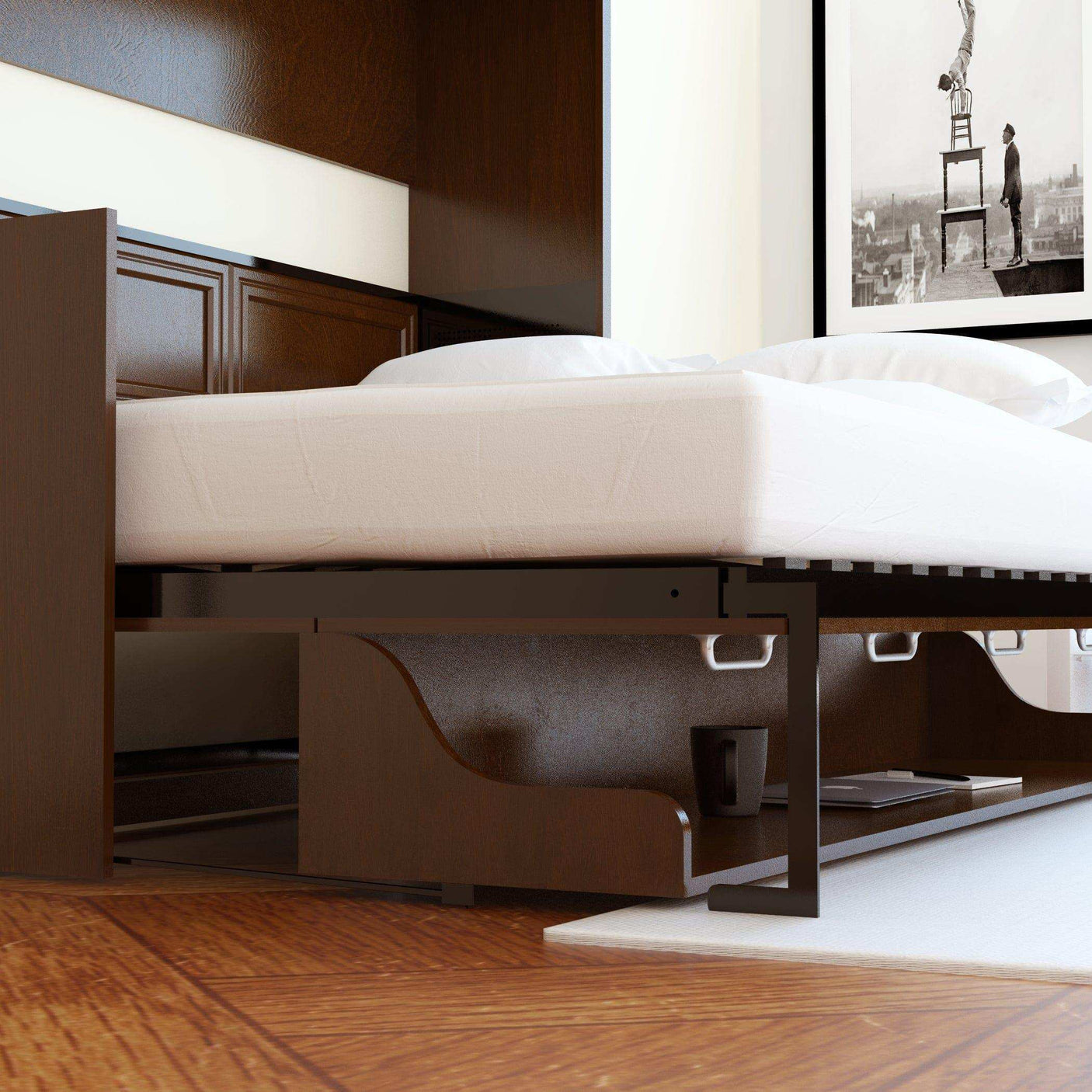 Modern walnut murphy bed with headboard and storage in a contemporary bedroom