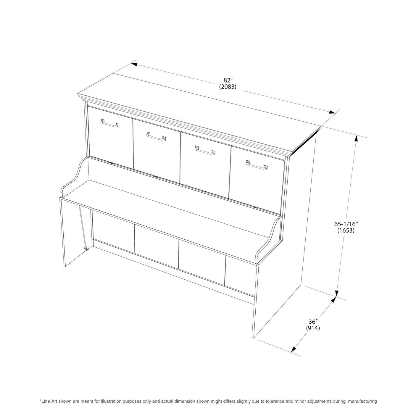 Line drawing of a Murphy bed desk combo with headboard, showing 82x65x36 inch dimensions