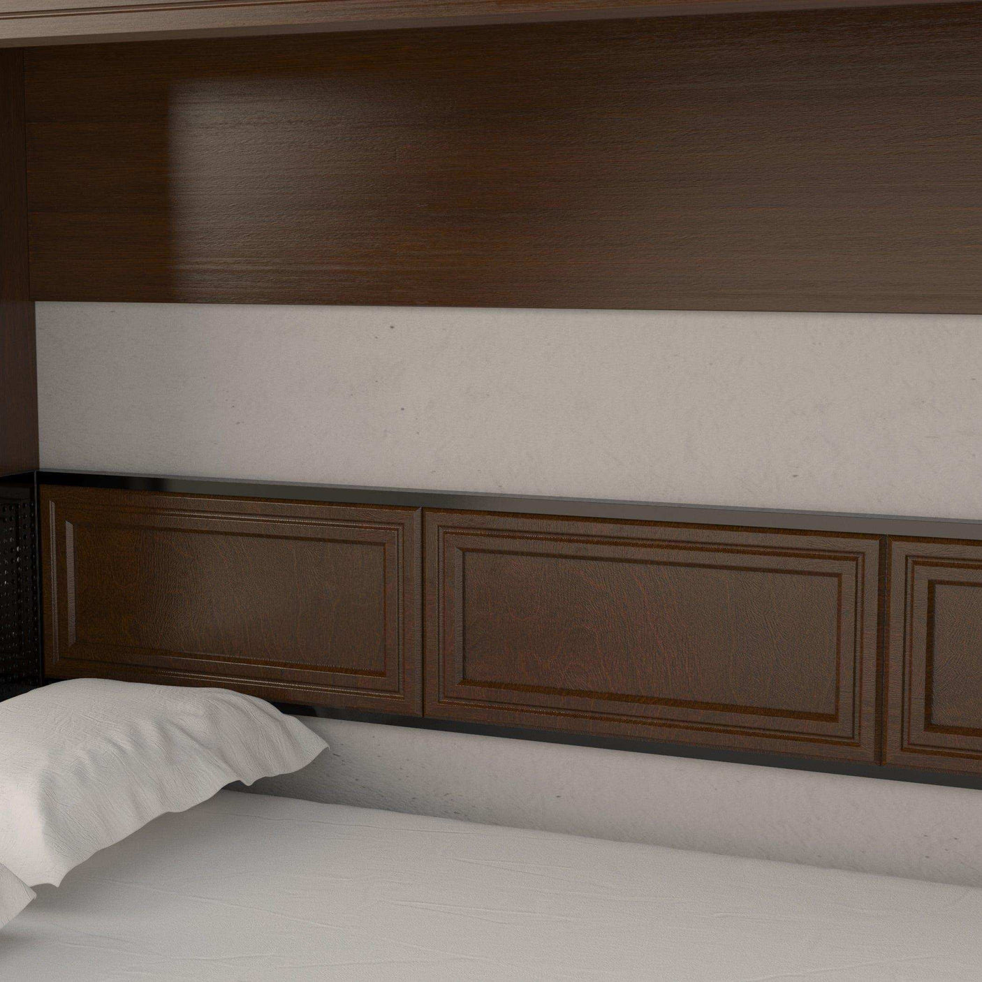 Horizontal walnut Murphy bed with panel headboard and white bedding
