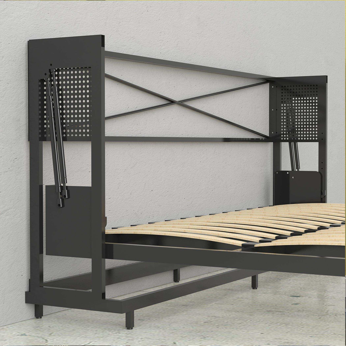 Horizontal Murphy bed metal frame with slatted base and headboard against a wall