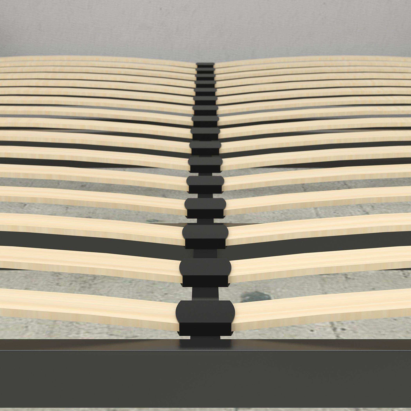 Closeup of wooden slat bed frame with metal support, modern Murphy bed mechanism