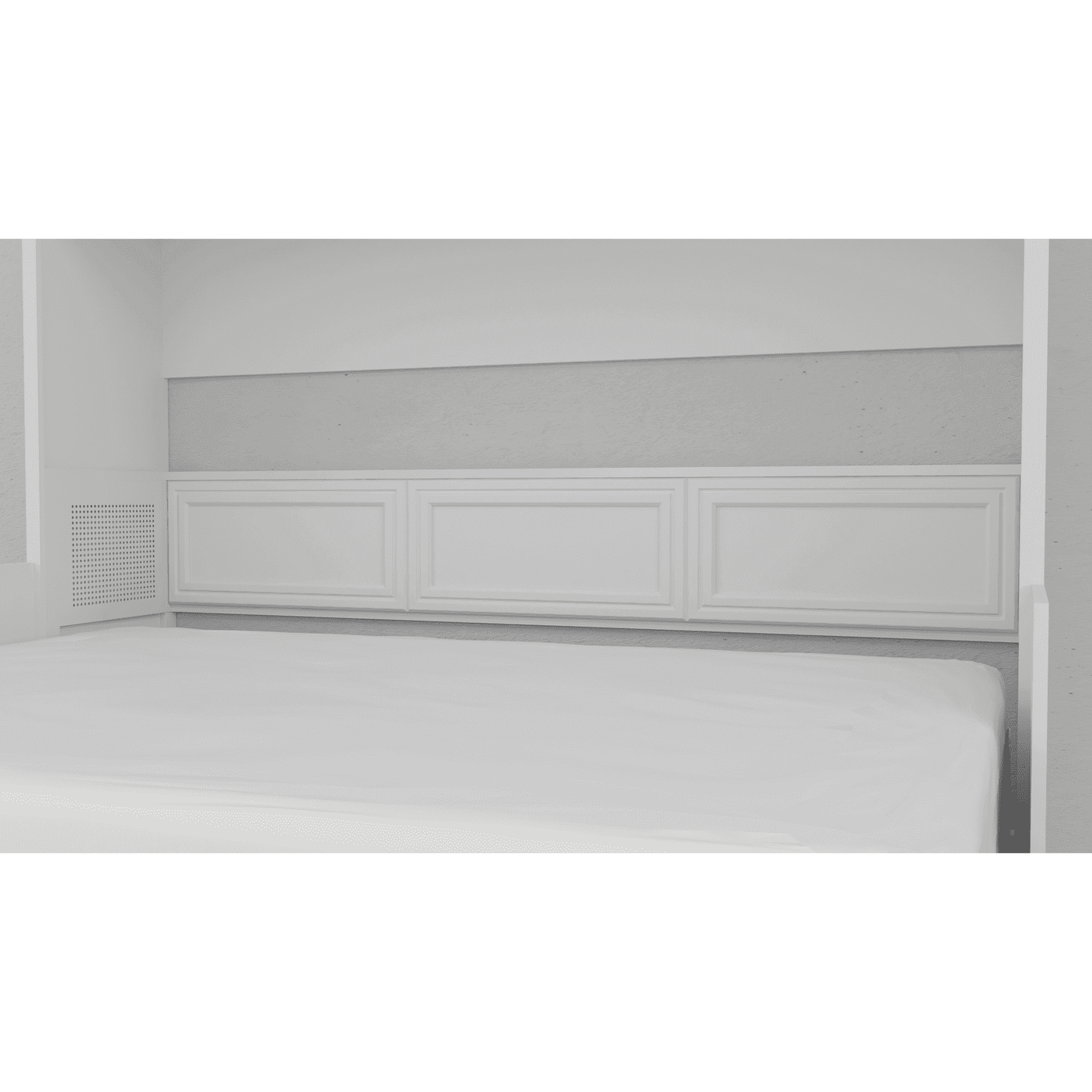 White Murphy bed with paneled desk headboard in modern bedroom