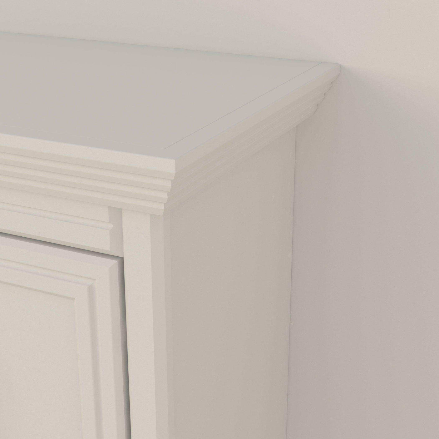 White horizontal Murphy bed headboard with detailed trim in modern bedroom