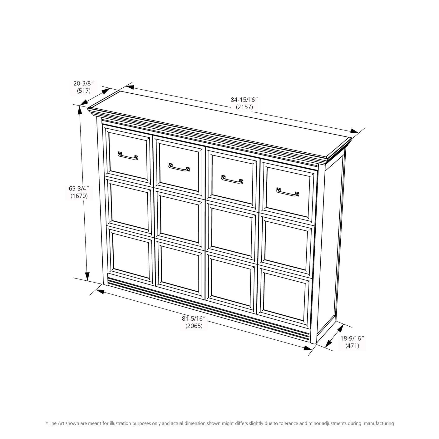 Murphy bed desk headboard schematic with dimensions in inches and centimeters