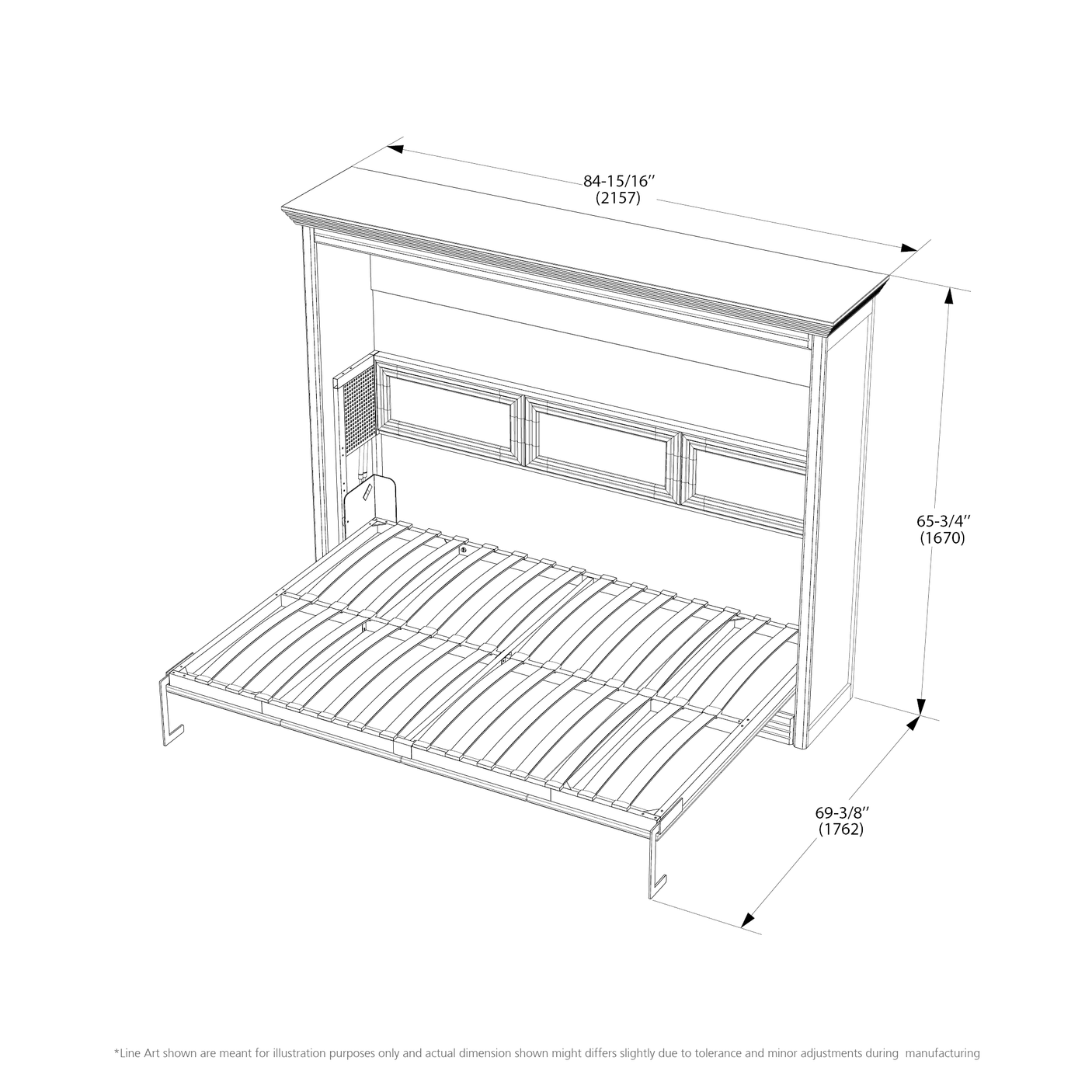 Line drawing of white Murphy bed with horizontal headboard, desk option, and dimensions