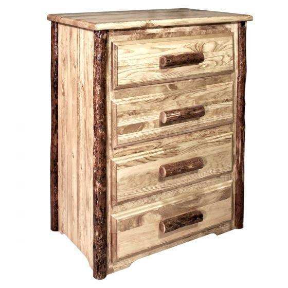 Rustic log wood 4-drawer chest, natural finish, bedroom storage furniture