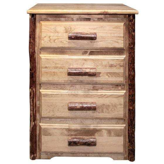 Rustic 4-drawer wooden chest with natural log handles, Glacier Country Collection