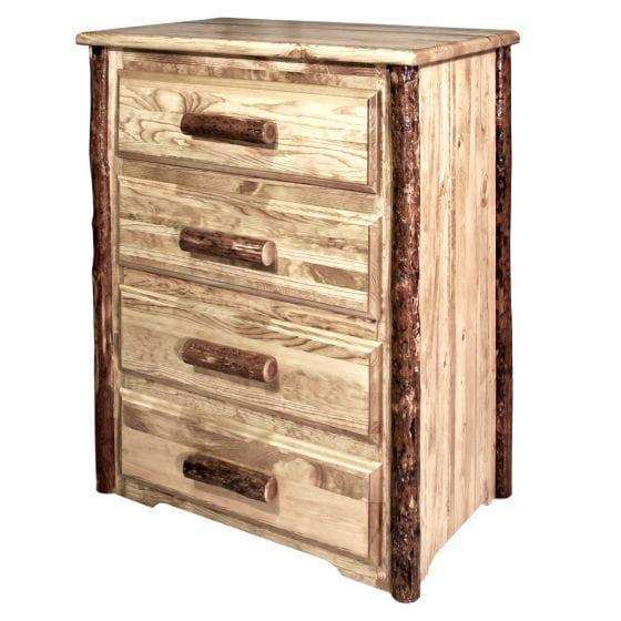 Rustic log wood 4-drawer chest of drawers with natural finish and sturdy handles