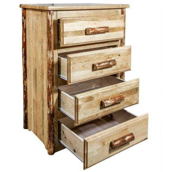 Rustic wooden 4-drawer chest with natural log handles and exposed wood grain
