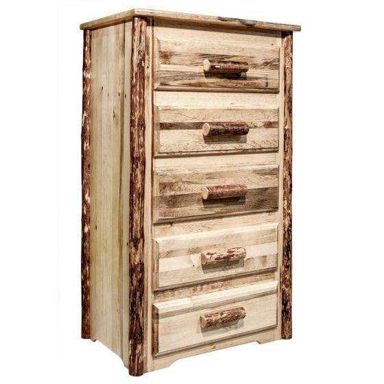 Rustic wood 5-drawer chest of drawers with natural log handles and panel sides
