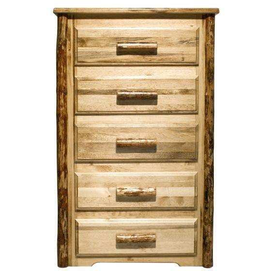 Rustic five-drawer wooden chest with natural log handles and light wood finish