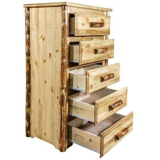 Rustic pine wood 5-drawer chest of drawers with log handles, natural finish