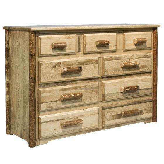 Rustic nine-drawer wood dresser with log handles, Glacier Country Collection