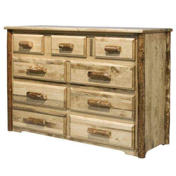 Rustic nine-drawer wooden dresser with natural finish and log handles